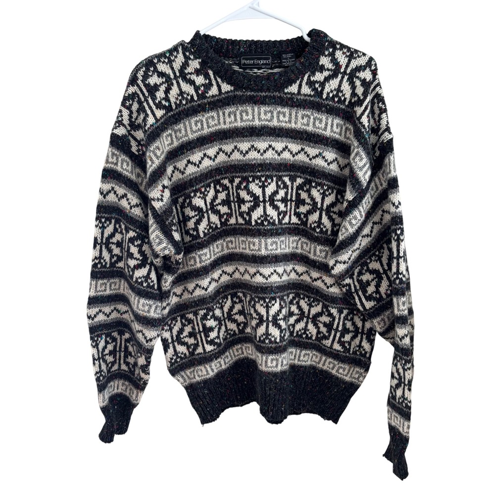 VTG Peter England Fair Isle Confetti Knit Sweater Wool Blend Winter Ski Sz L